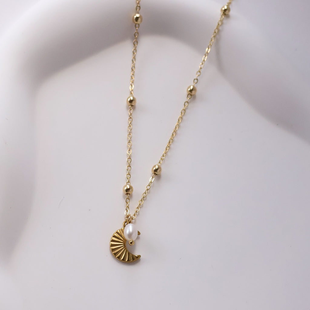 Summer Moon Necklace with Natural Pearl Handmade Gold Plated