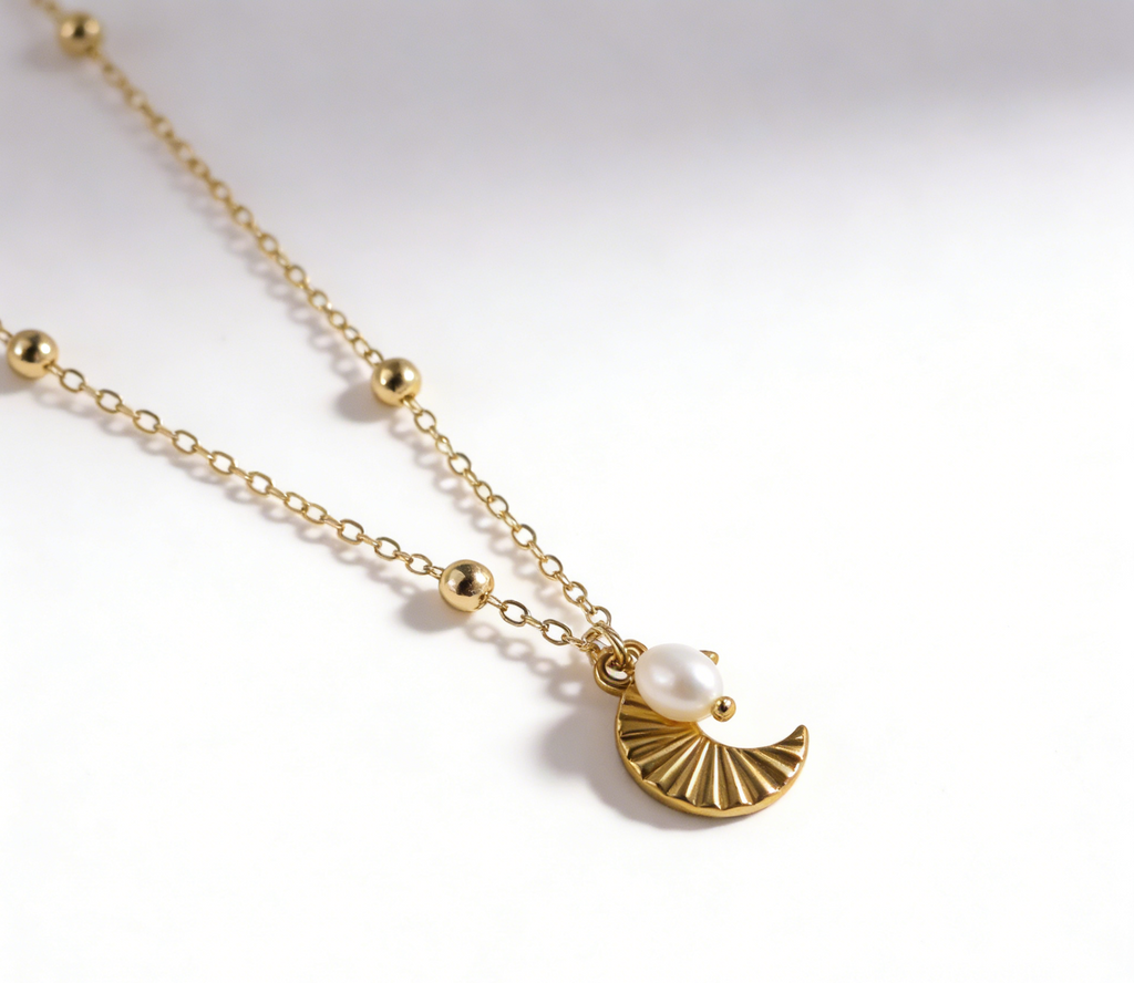 Summer Moon Necklace with Natural Pearl Handmade Gold Plated