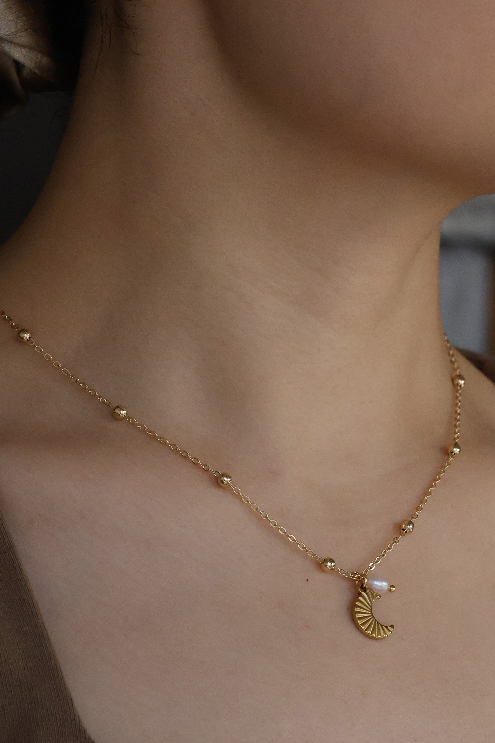 Summer Moon Necklace with Natural Pearl Handmade Gold Plated