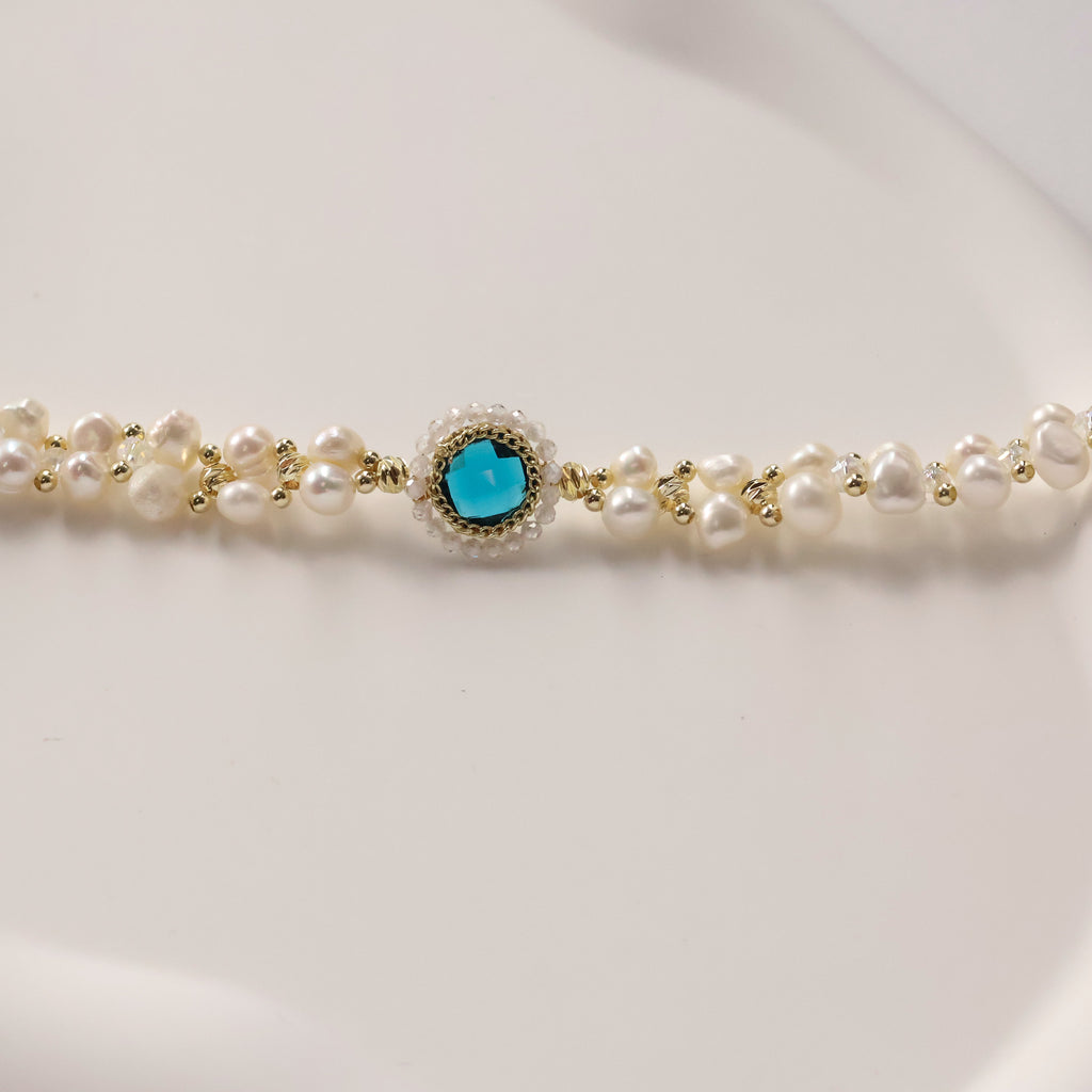Tiana handmade pearl choker with blue gemstone