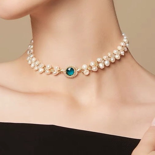 Tiana handmade pearl choker with blue gemstone