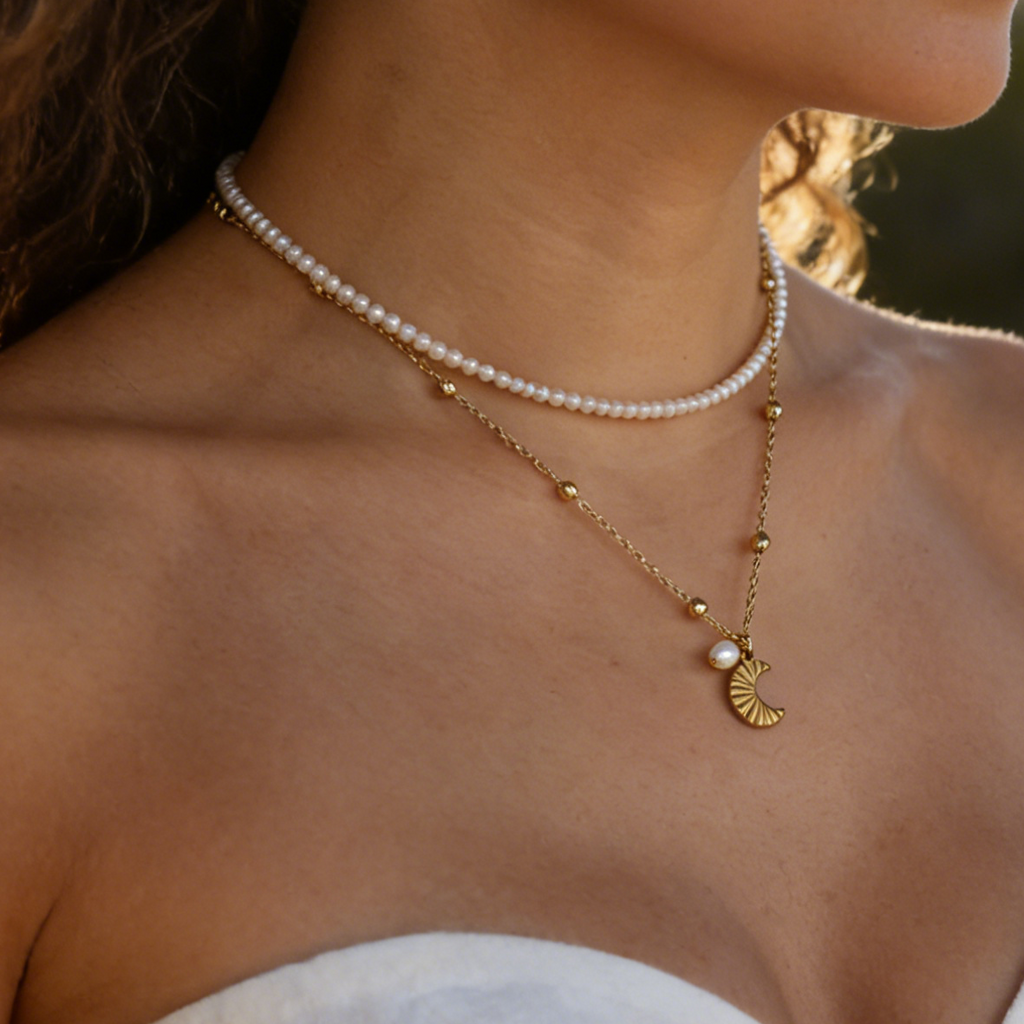 Summer Moon Necklace with Natural Pearl Handmade Gold Plated