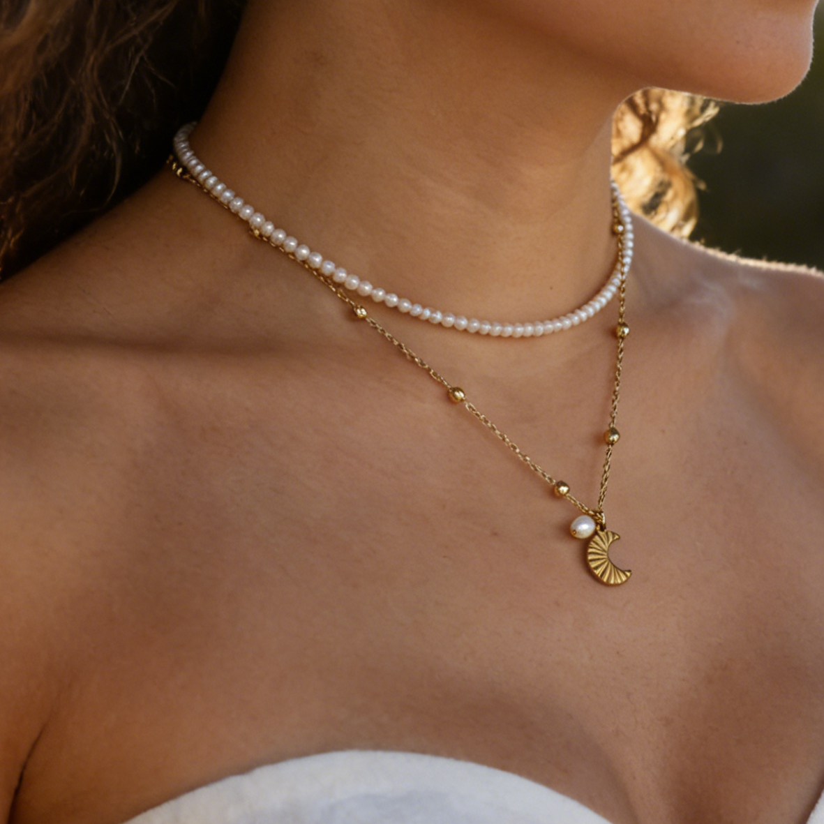 Summer Moon Necklace with Natural Pearl Handmade Gold Plated