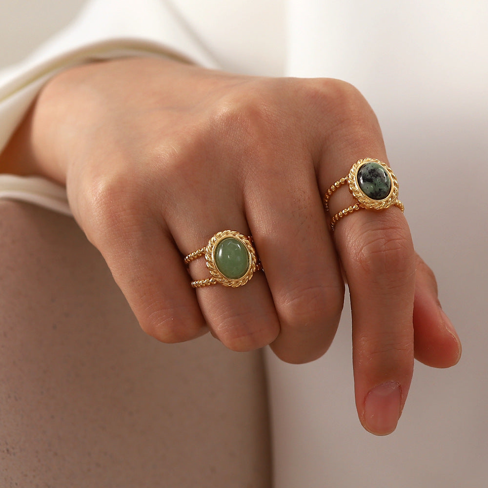 Gold plated natural stone ring green jade