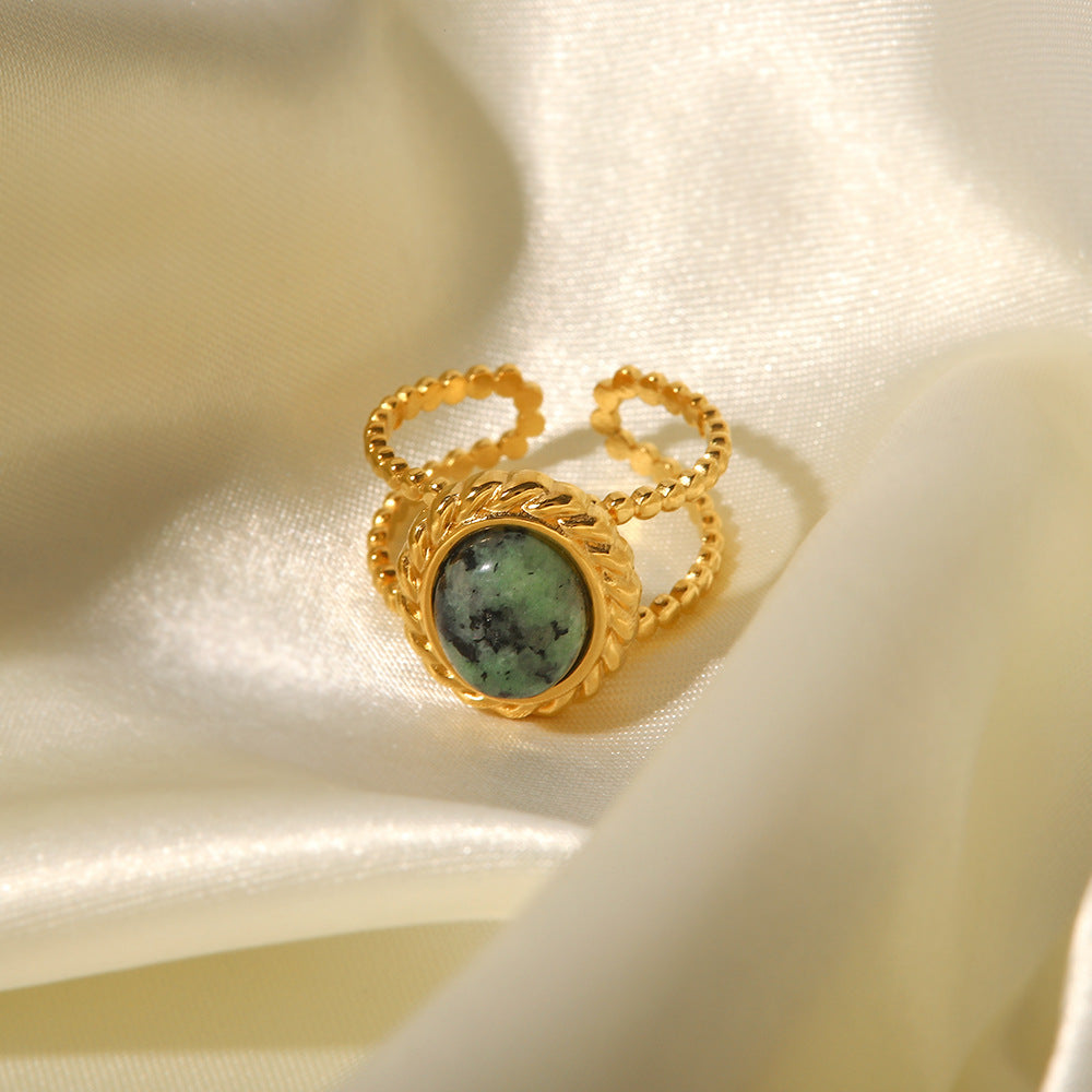 Gold plated natural stone ring green jade