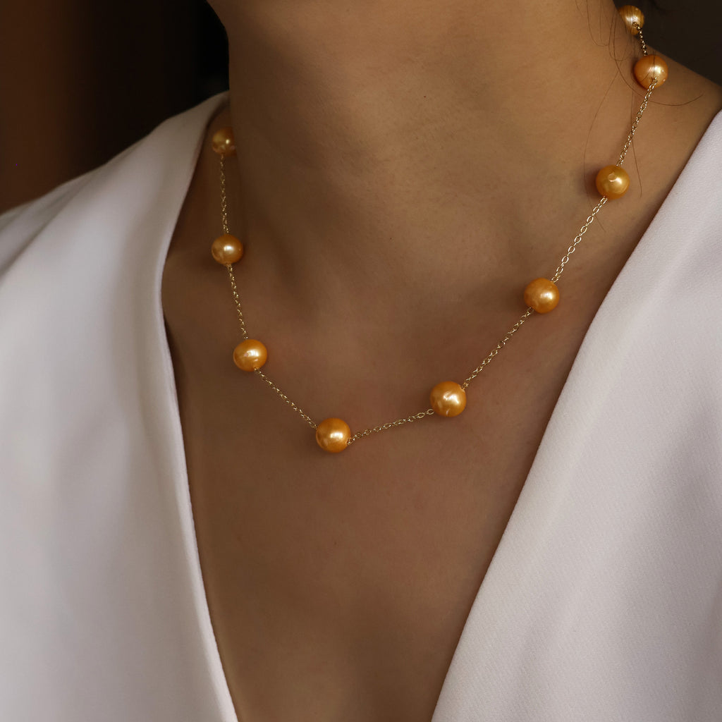 Gamboge freshwater pearl necklace with gold plated curb chain