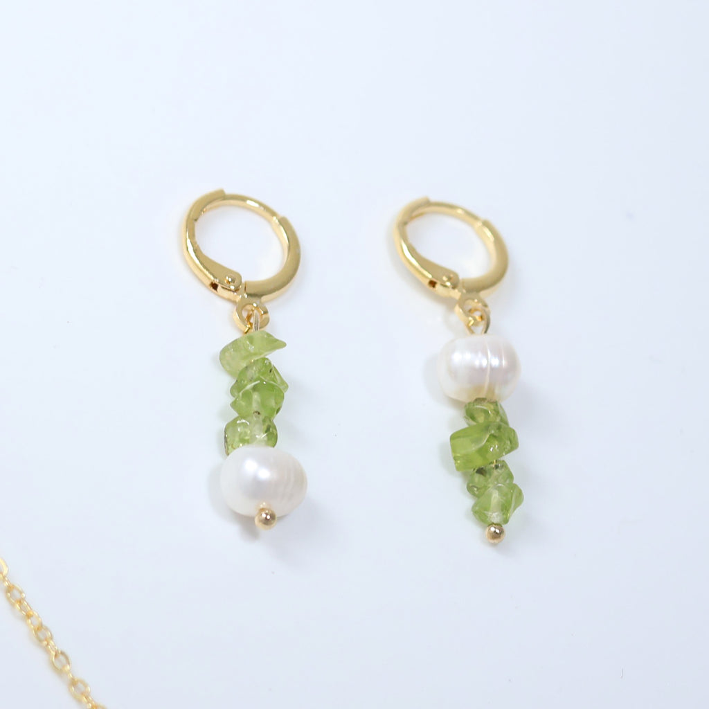 Olive Cascade Huggies Earrings and Necklace set Handmade August birthstone