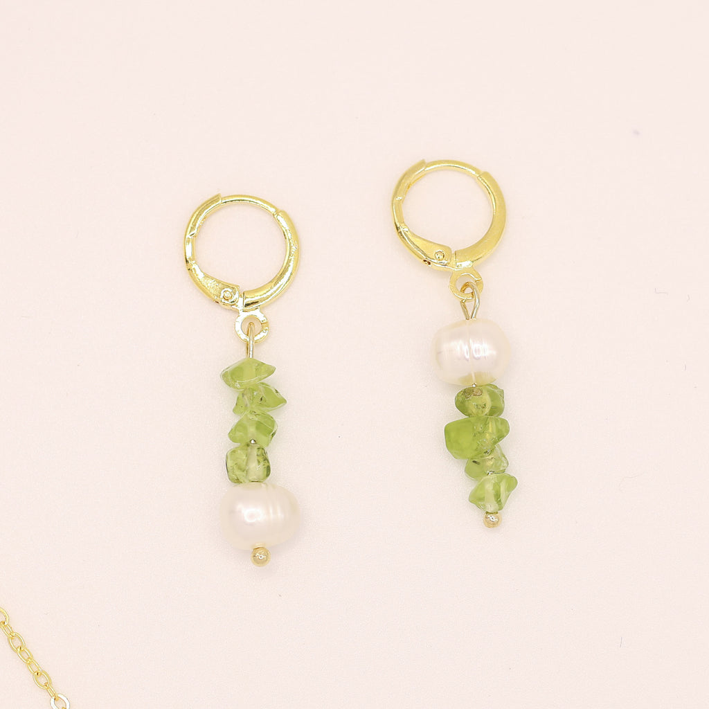 Olive Cascade Huggies Earrings and Necklace set Handmade August birthstone