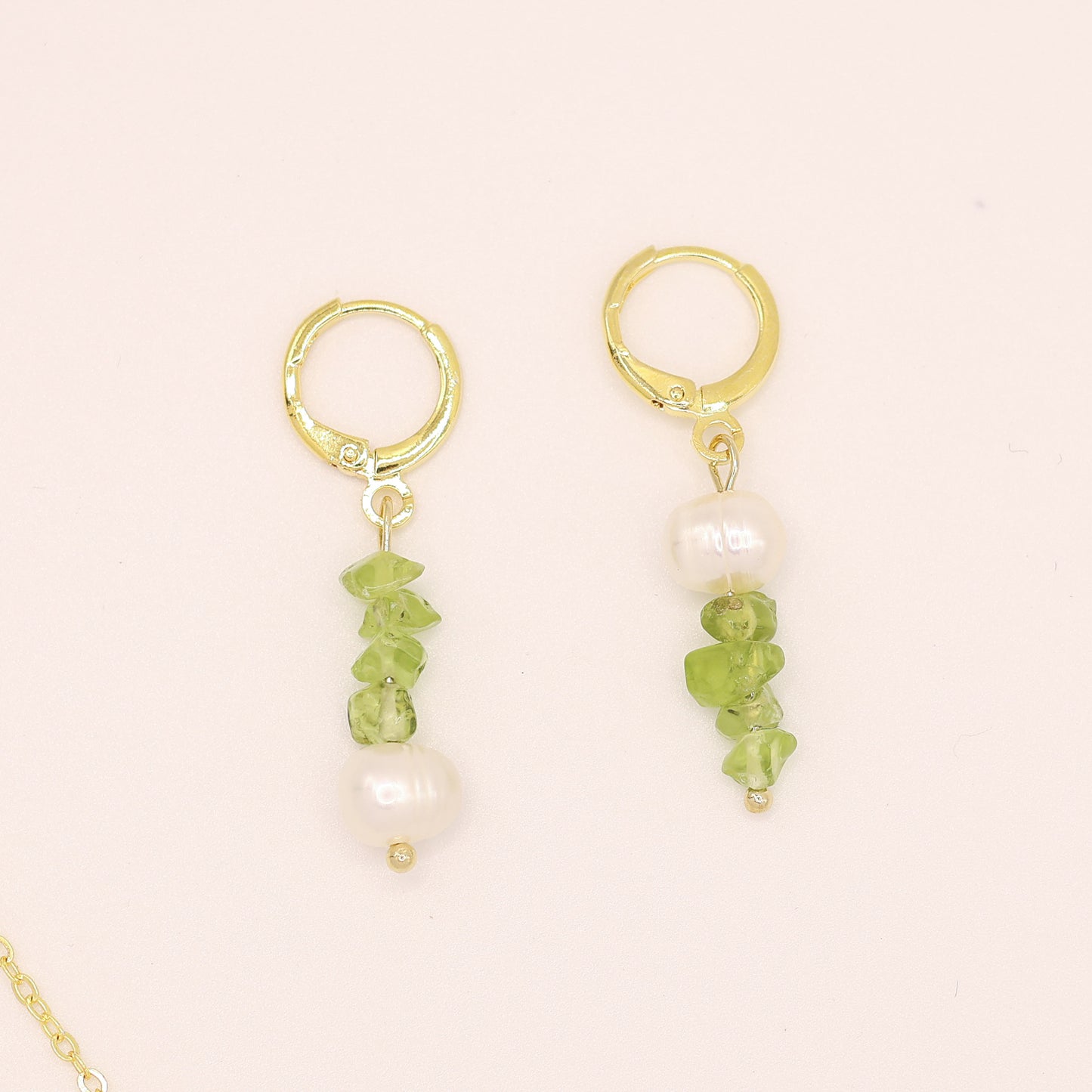 Olive Cascade Huggies Earrings and Necklace set Handmade August birthstone