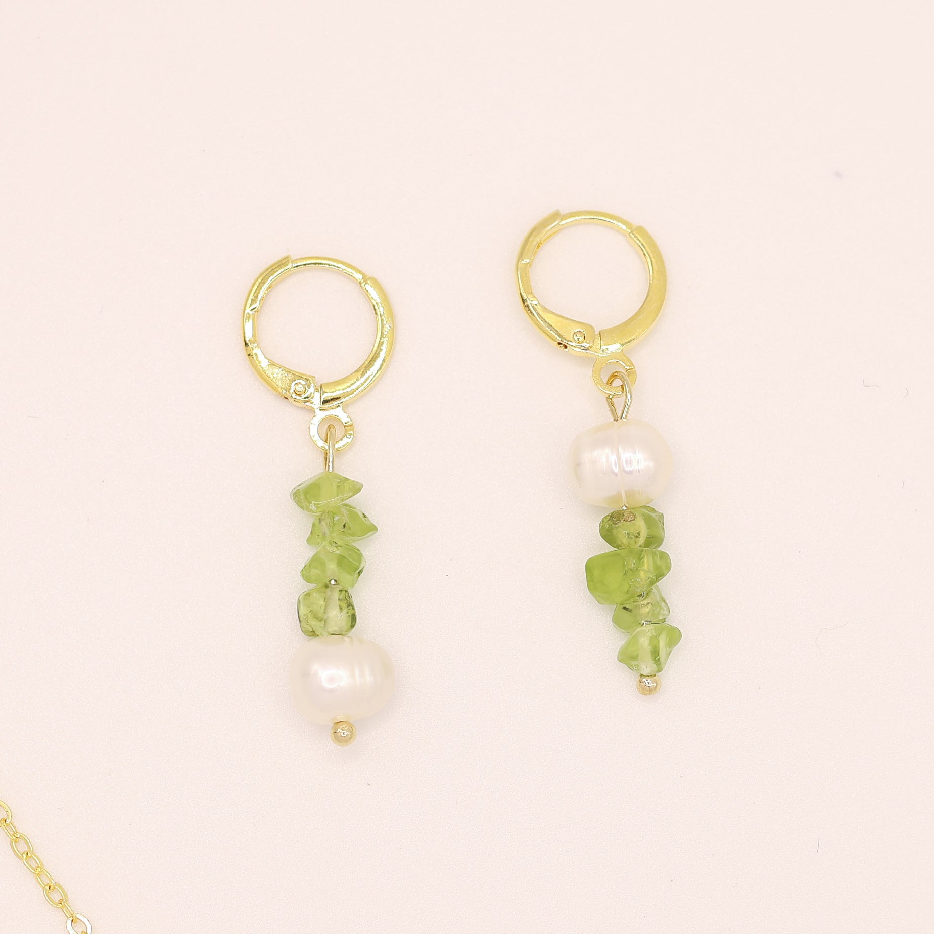 Olive Cascade Huggies Earrings and Necklace set Handmade August birthstone