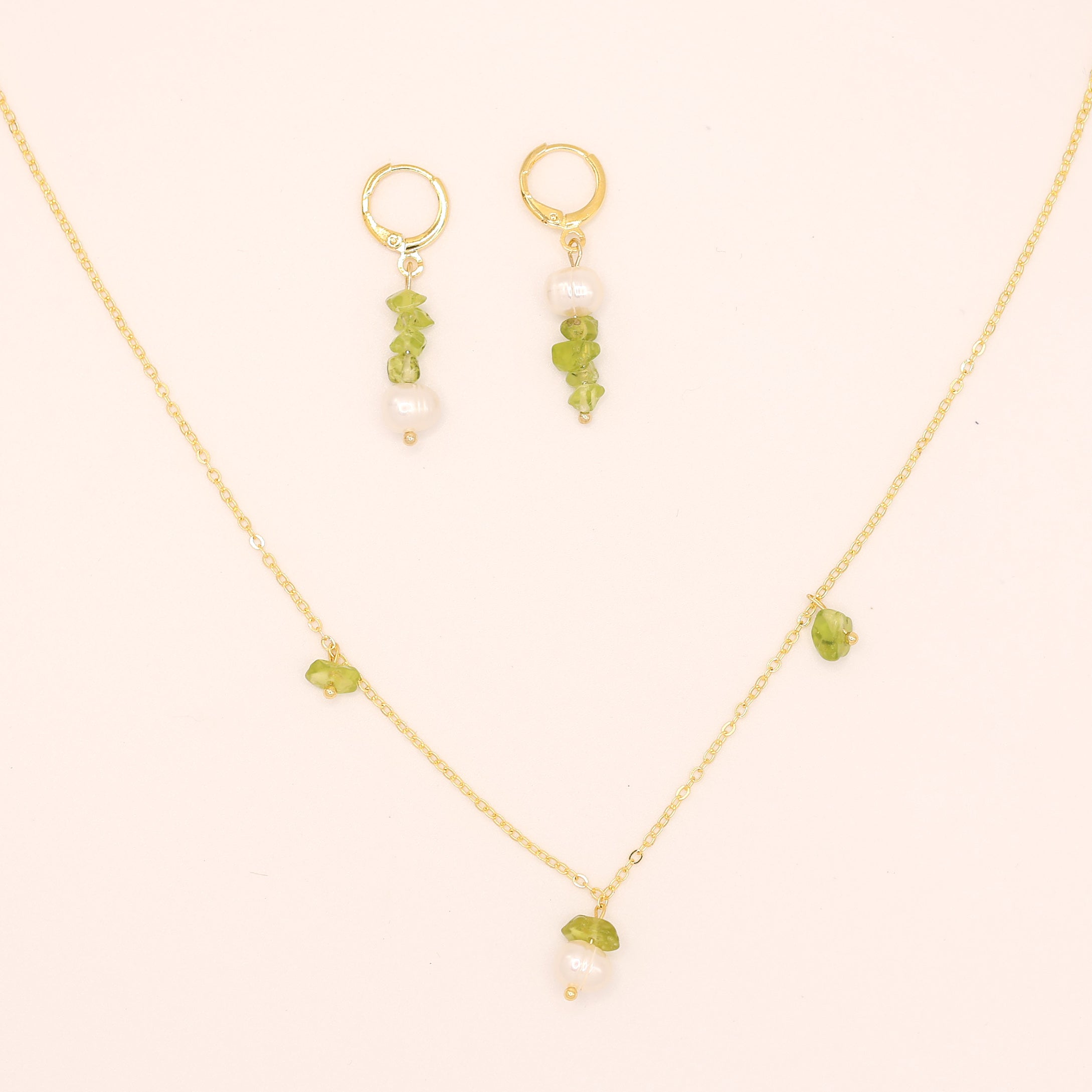 Olive Cascade Huggies Earrings and Necklace set Handmade August birthstone