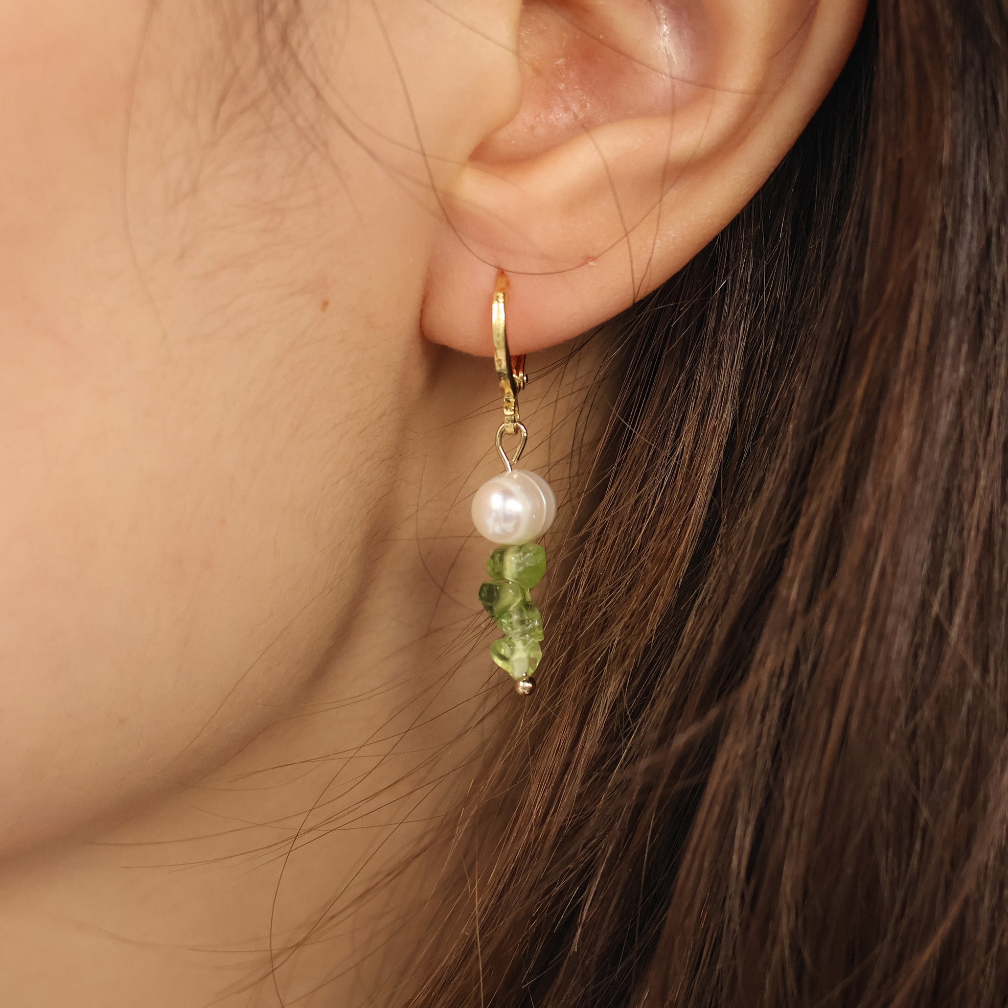 Olive Cascade Huggies Earrings and Necklace set Handmade August birthstone