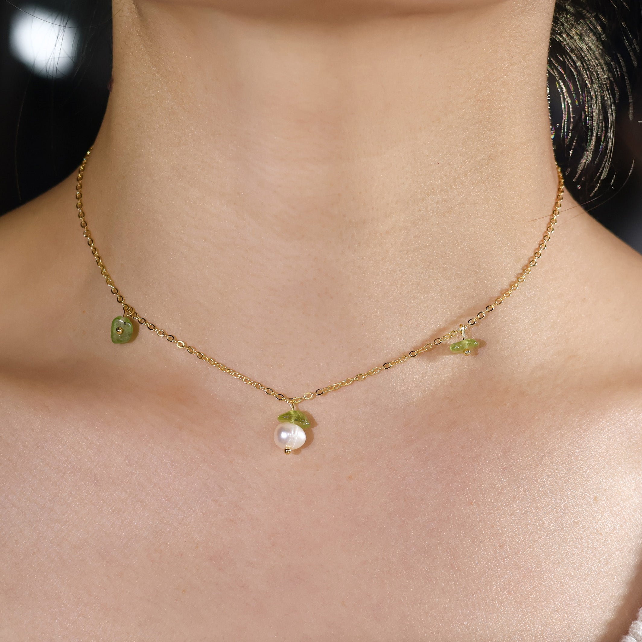 Olive Cascade Huggies Earrings and Necklace set Handmade August birthstone