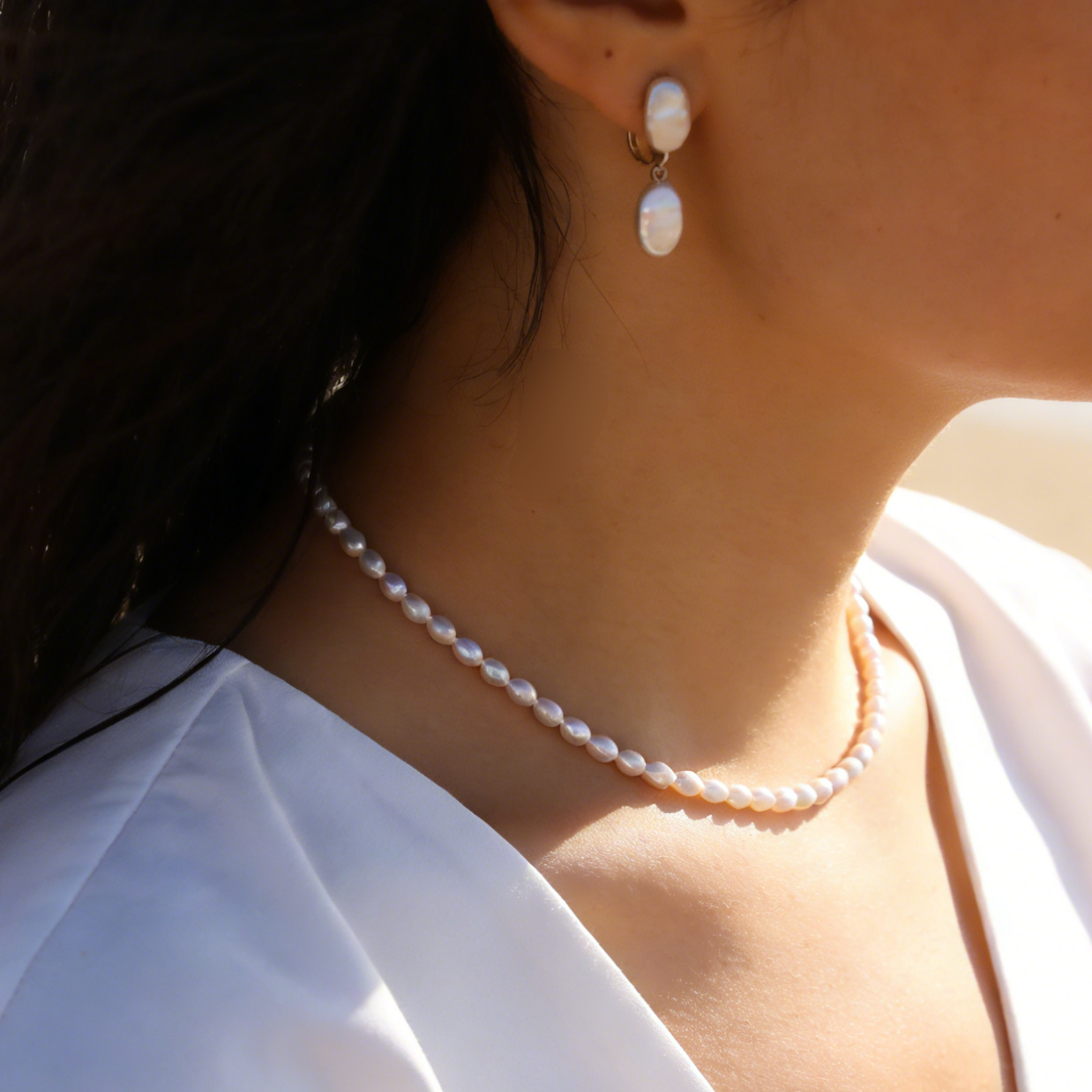 Classic small rice pearl necklace