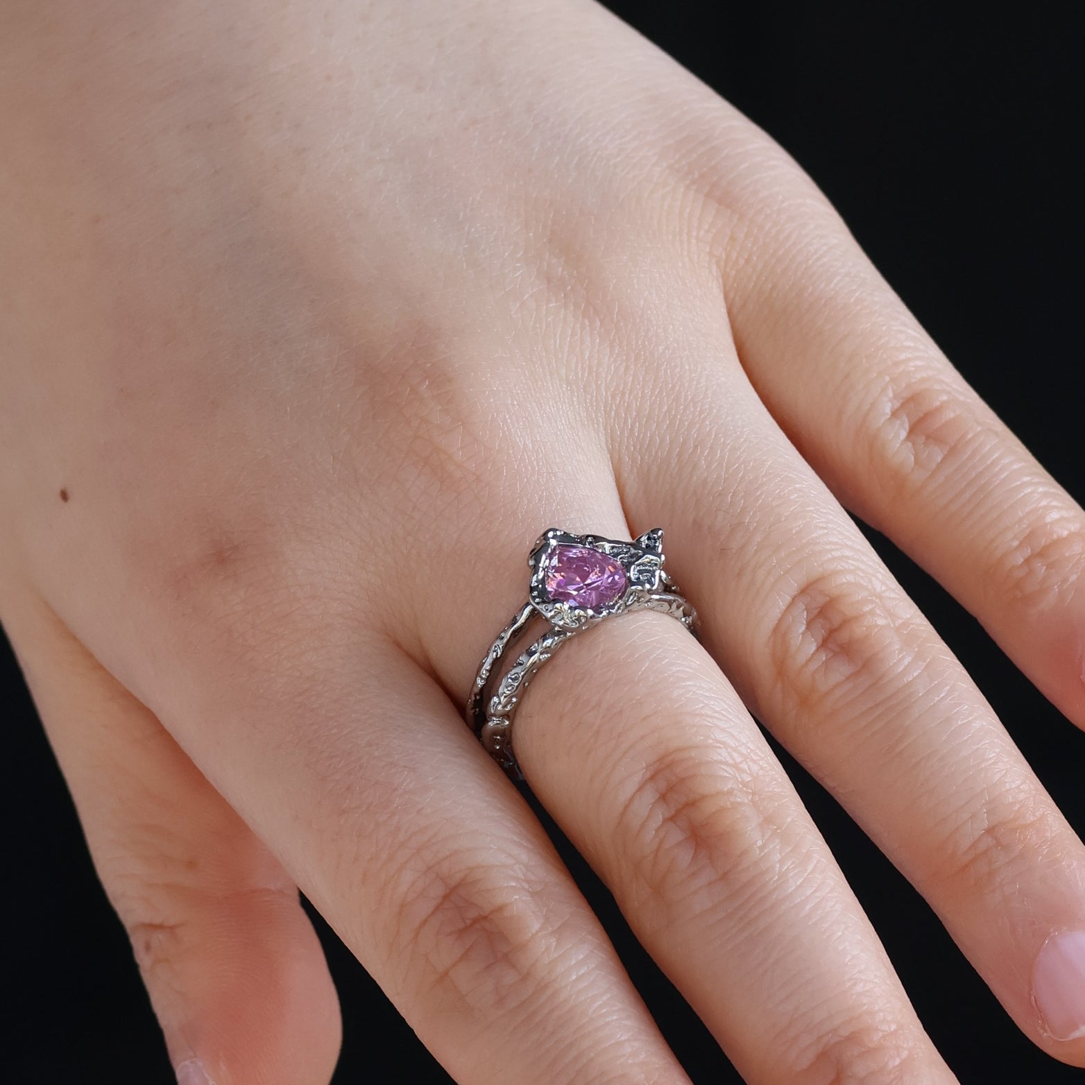 Gold plated open heart ring with pink cubic zirconia