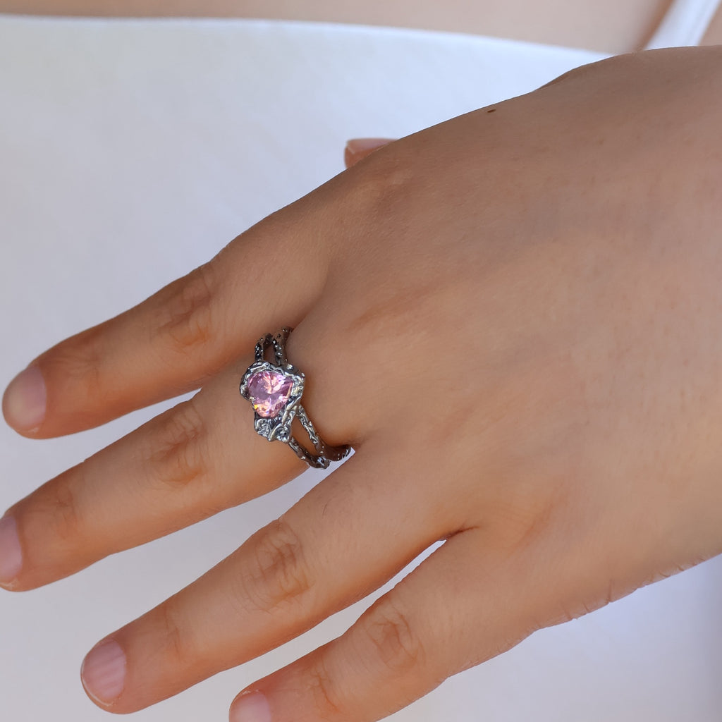 Gold plated open heart ring with pink cubic zirconia