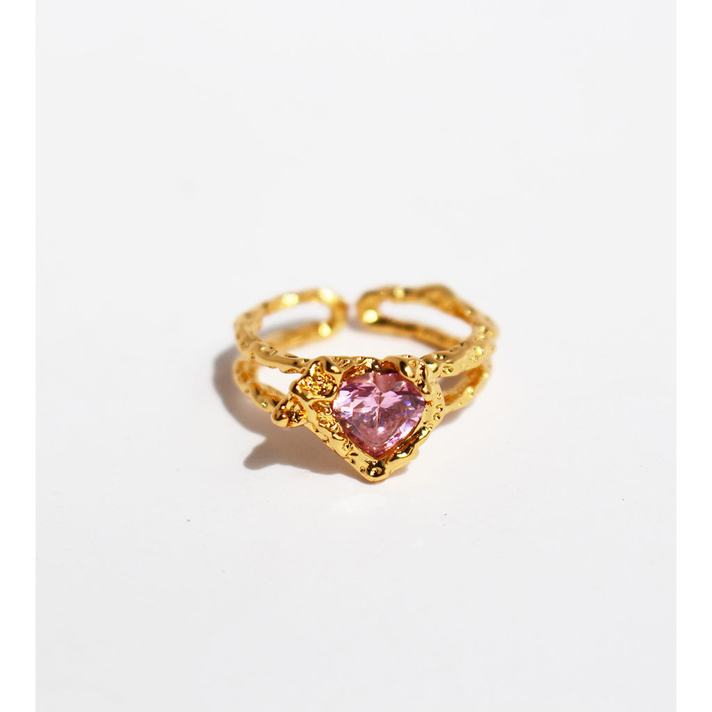 Gold plated open heart ring with pink cubic zirconia