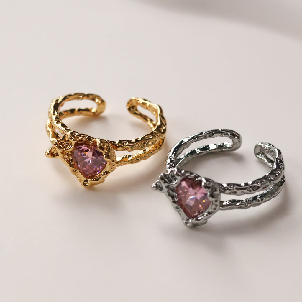Gold plated open heart ring with pink cubic zirconia