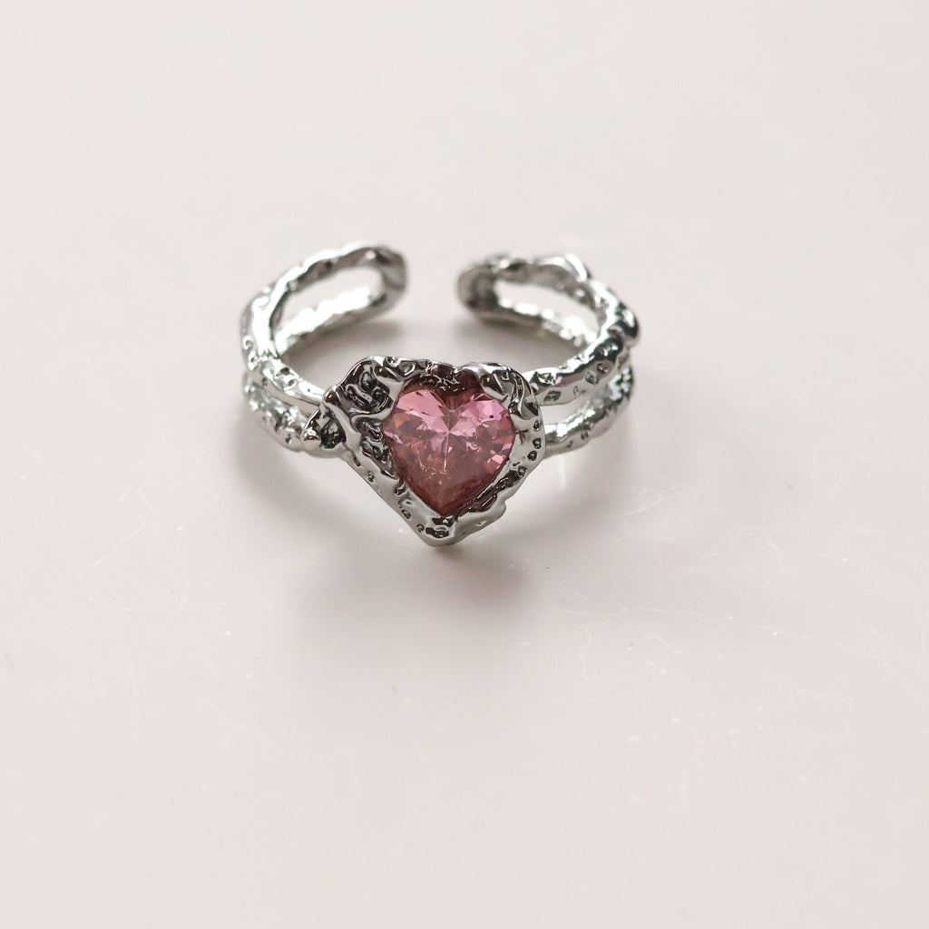 Gold plated open heart ring with pink cubic zirconia