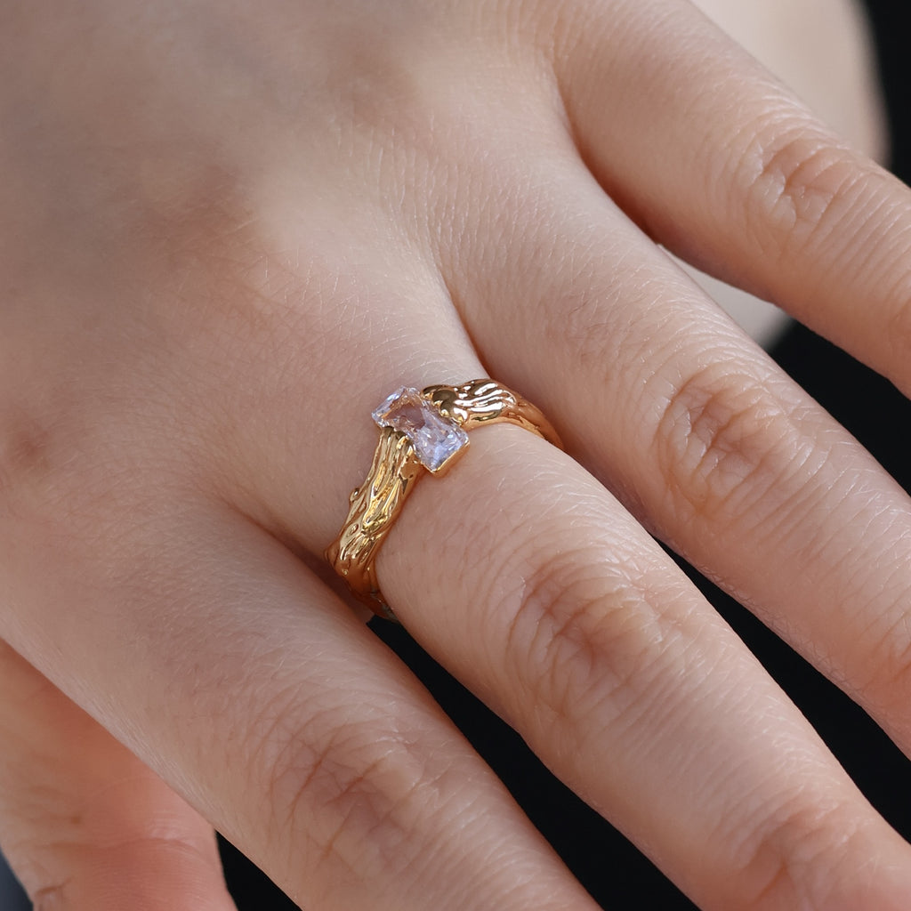 Ring-Textured Band Baguette Open Ring