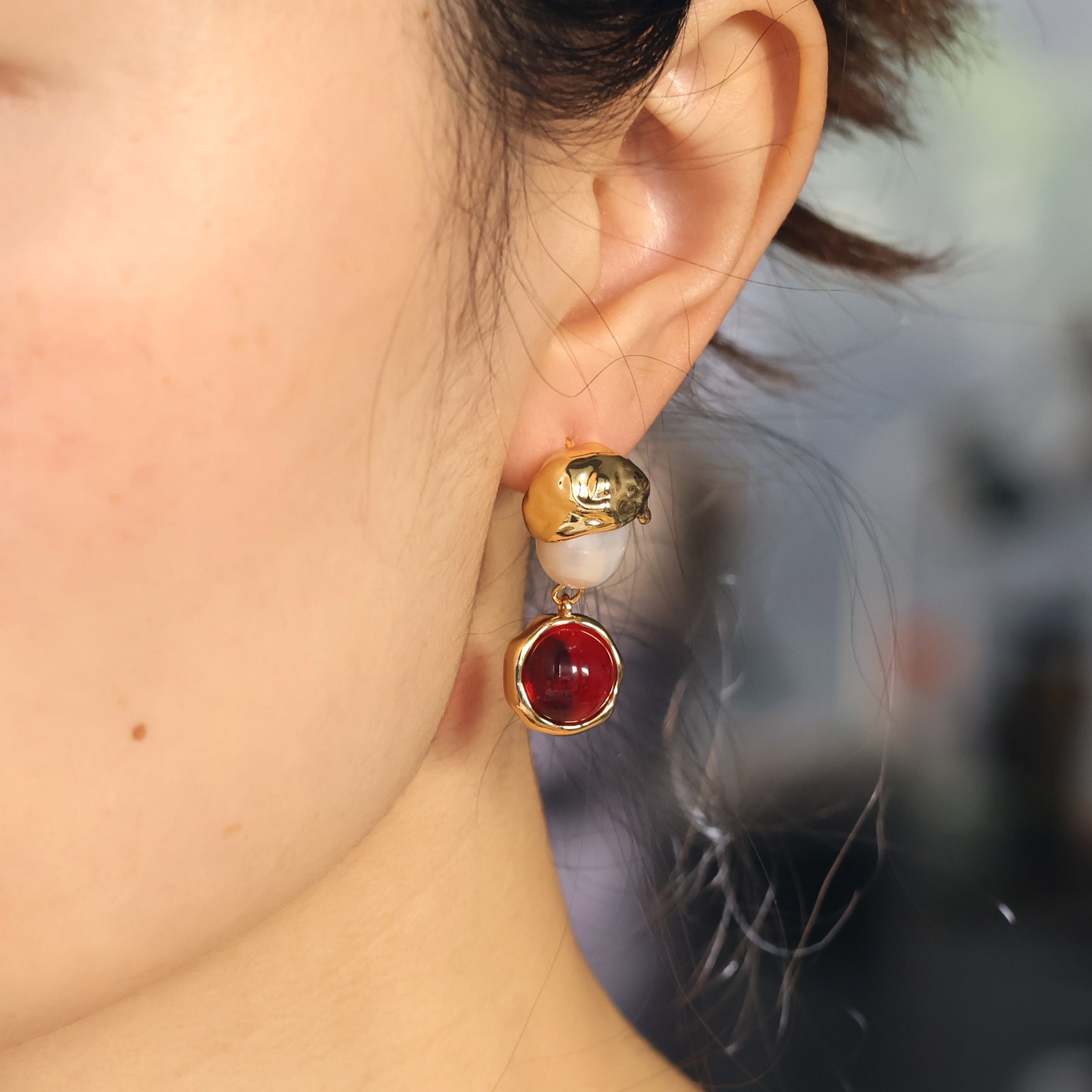 Ruby Glaze Earrings with freshwater pearl