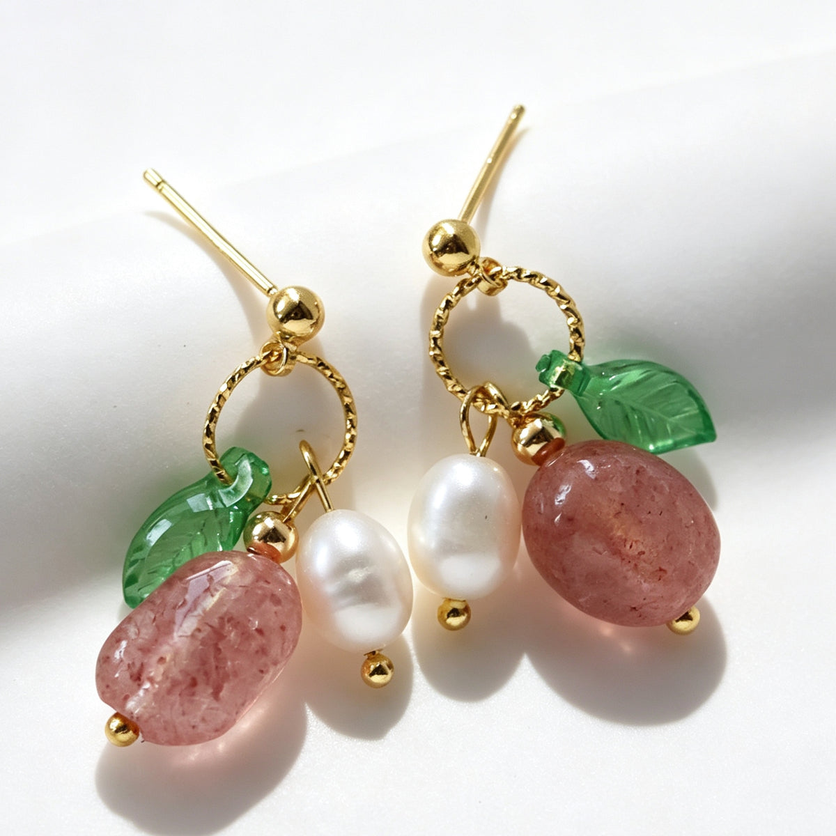 Summer Fresh | Strawberry Quartz & Freshwater Pearl Leaf Drop Earrings