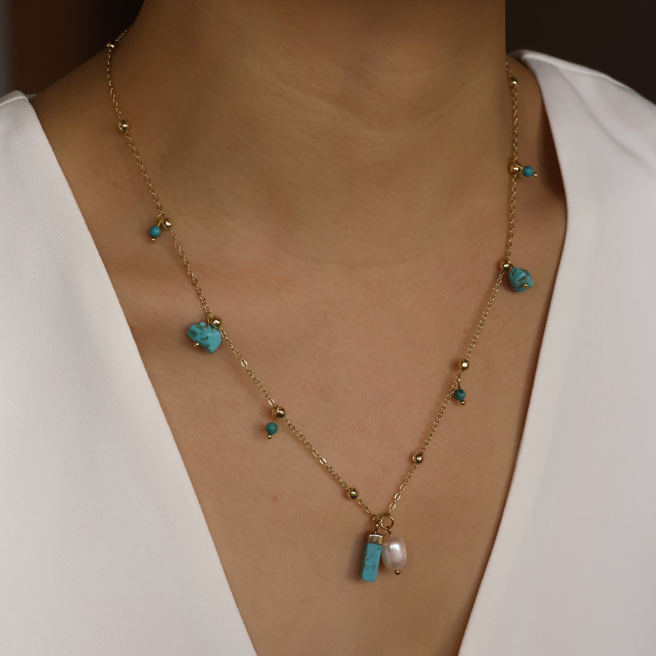 Turquoise beach handmade necklace with natural turquoise stone and freshwater pearl