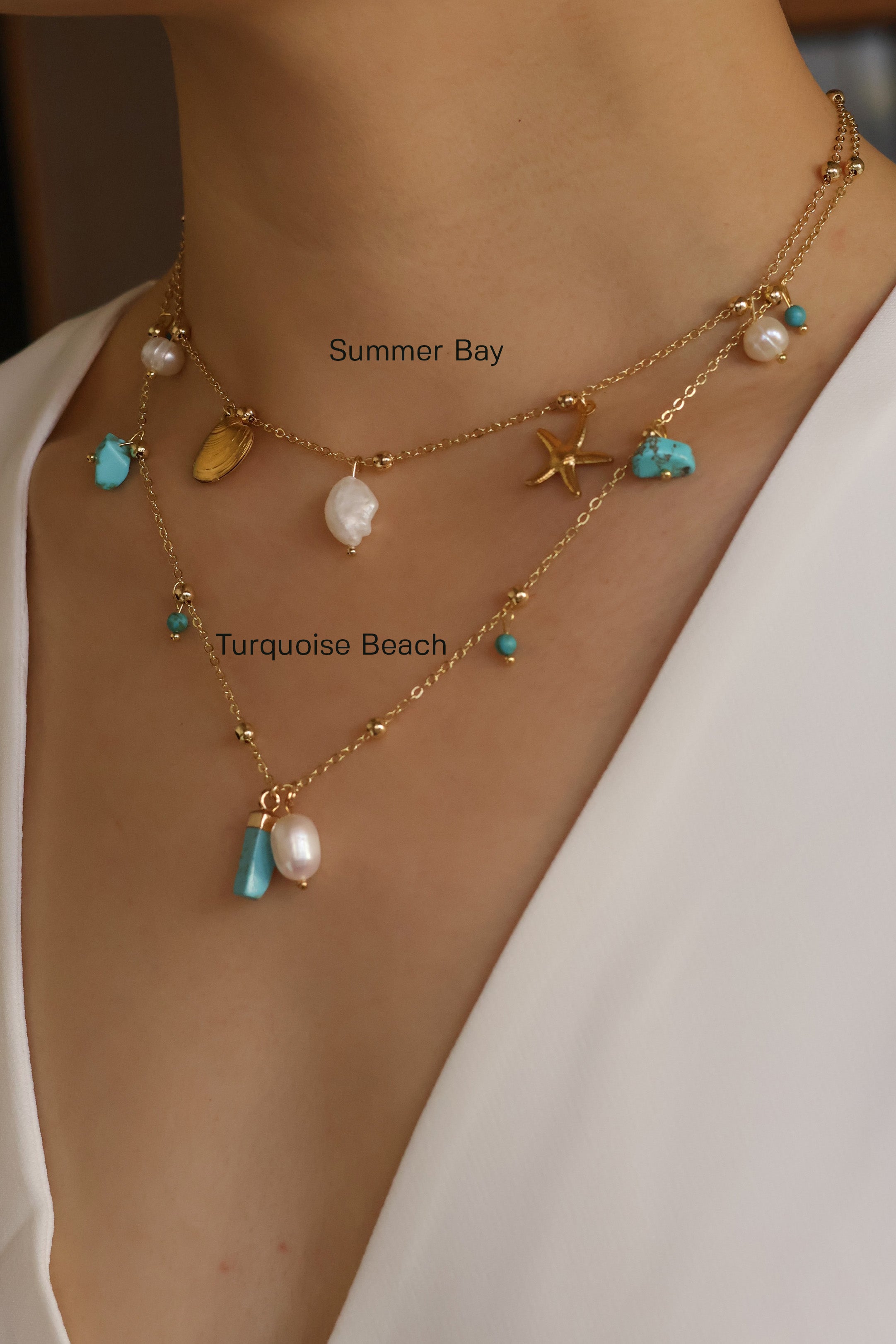 Turquoise beach handmade necklace with natural turquoise stone and freshwater pearl