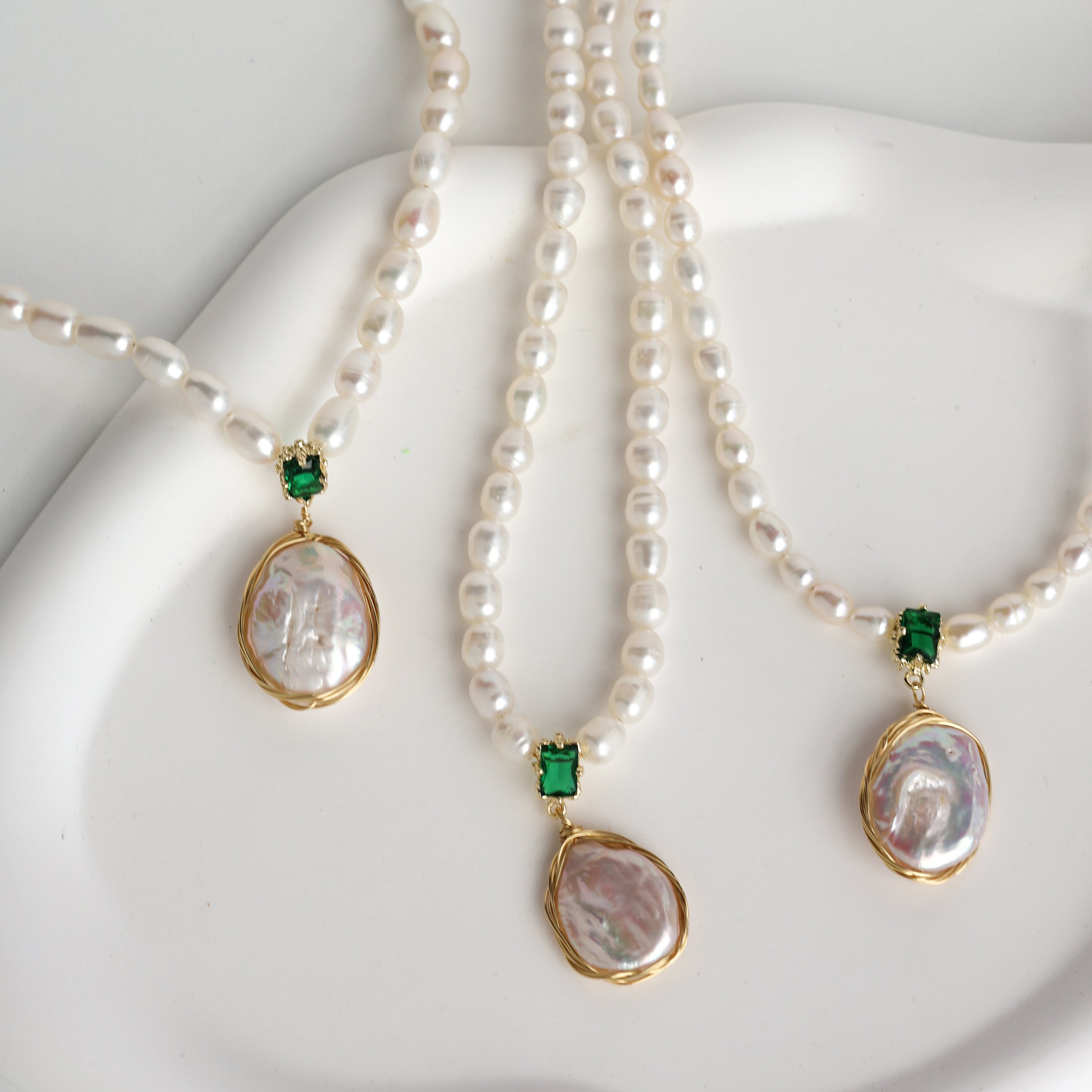 Verde Gem Baroque Pearl Necklace handmade