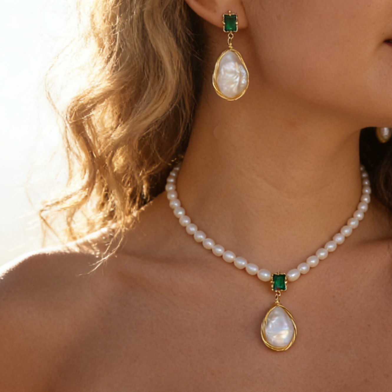 Verde Gem Baroque pearl earrings handmade