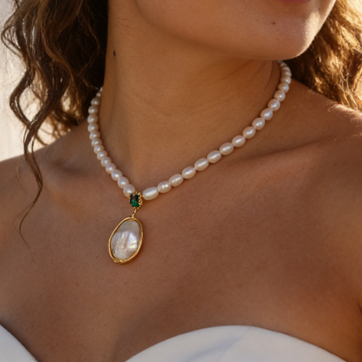 Verde Gem Baroque Pearl Necklace handmade