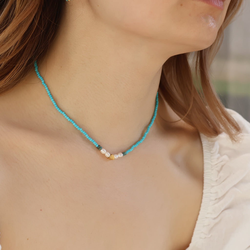 Turquoise Pearl Heart Gold Necklace