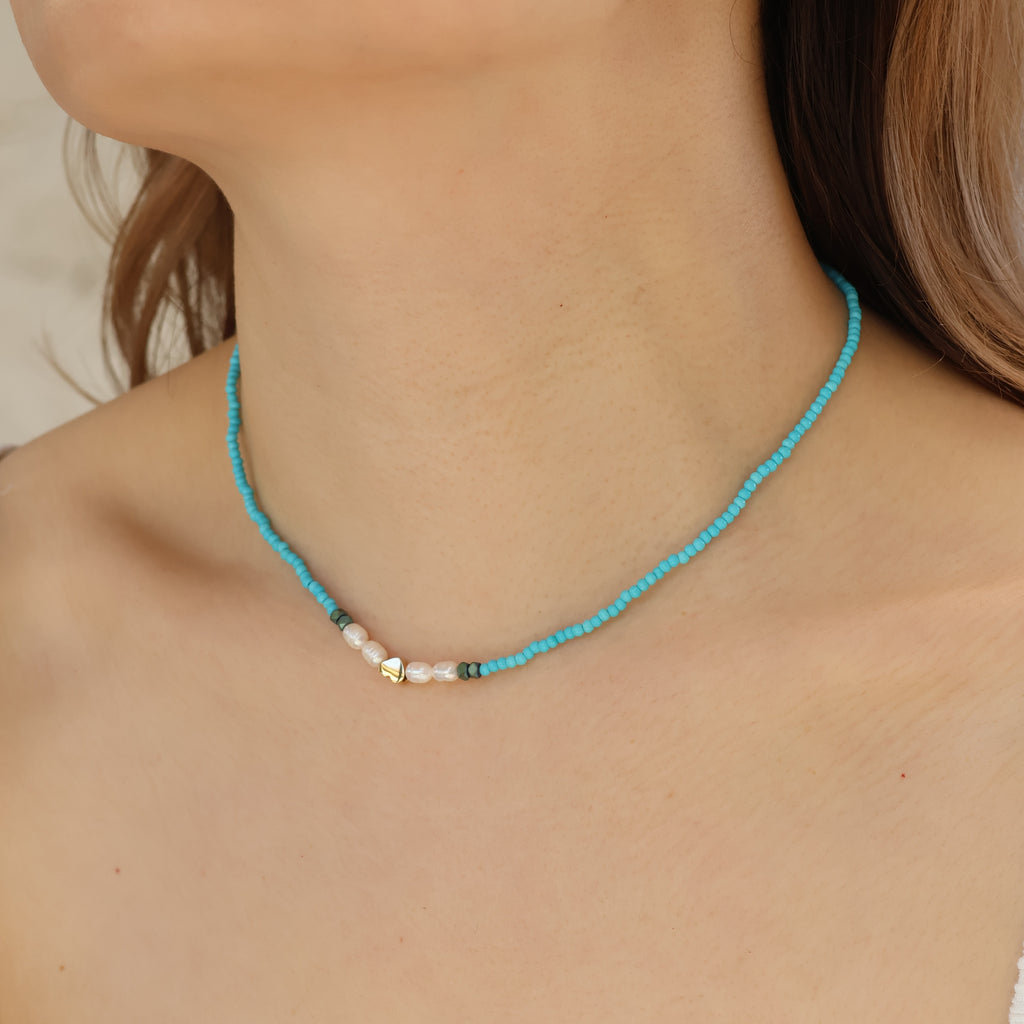 Turquoise Pearl Heart Gold Necklace